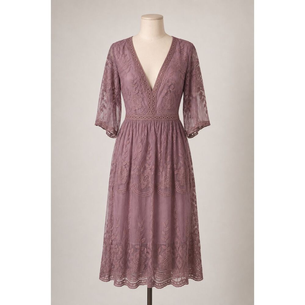 NWT Haute Monde Women’s Small Mauve Embroidered Lace Midi Dress Boho Wedding